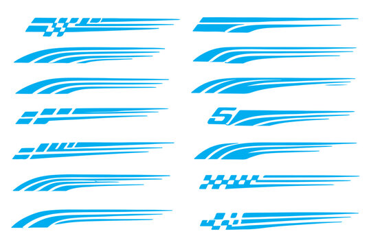 Set of sport racing arrow stripes for start or finish in flat cartoon style. Dynamic design for car, moto, boat, track, sticker, decal, banner, poster, or sports illustration project.