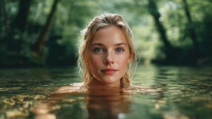Fototapeta premium Young Woman with Blonde Hair and Blue Eyes Swimming in Tranquil Forest Water Setting