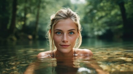 Fototapeta premium Young Blonde Girl with Blue Eyes Swimming in a Serene Natural Setting Surrounded by Lush Greenery