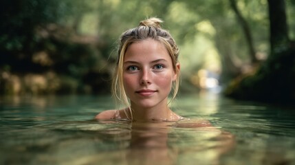 Fototapeta premium Serene Young Woman Immersed in Natural Waters Surrounded by Lush Greenery and Soft Light