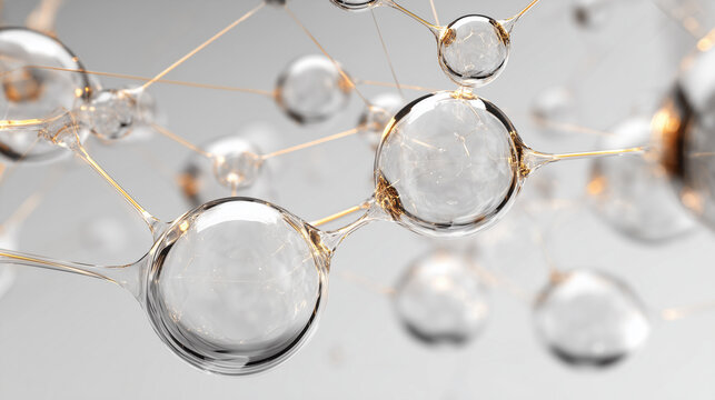 相互に連結された透明なガラス球体とゴールドのラインのネットワーク構造