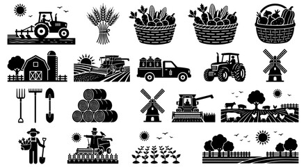 Agriculture and farming icon set, black silhouette farm machinery and harvest symbols, 20 vector elements for organic food production and rural life © Asset Aura