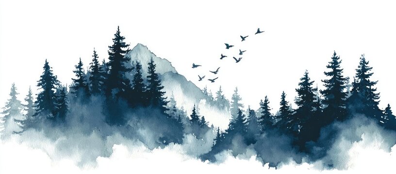 Watercolor painting of a mountain landscape with trees, mist, and birds in flight, in shades of blue