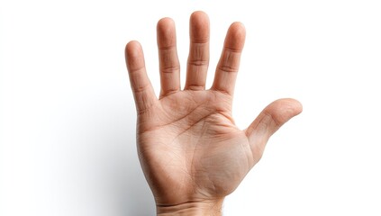 Fototapeta premium A human hand, palm open, with fingers extended, against white