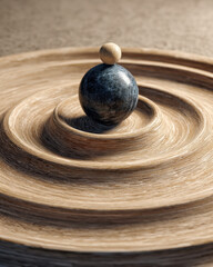 Naklejka premium Dark stone sphere balanced on wooden ball over concentric rings