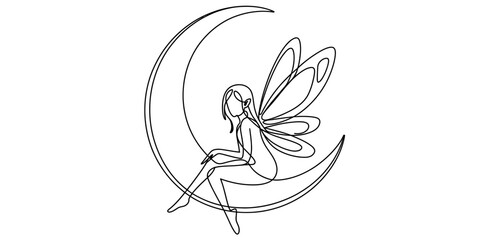 Fototapeta premium A minimalist single line drawing of a fairy with wings sitting gracefully upon a crescent moon