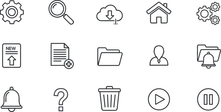 User interface and system outline icon set featuring settings search cloud home documents notification and media control symbols