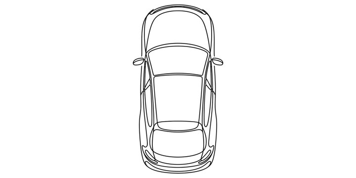 A simple black and white line drawing of a generic sedan car viewed from directly above the roof.