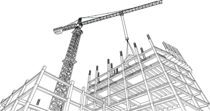 Construction site steel frame structure with tower crane architectural blueprint vector illustration in technical line art style