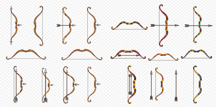Set of various traditional and modern bows with arrows, isolated on transparent background, for archery and hunting sports.