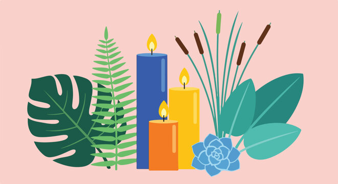 Colorful Candles with Tropical Leaves.