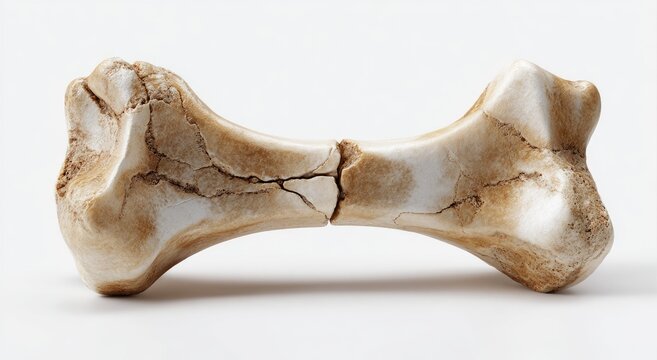 Cracked, aged bone segment, showing intricate fracture lines against a neutral backdrop