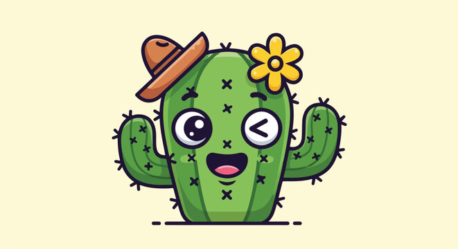 Cartoon cactus with hat and flower.