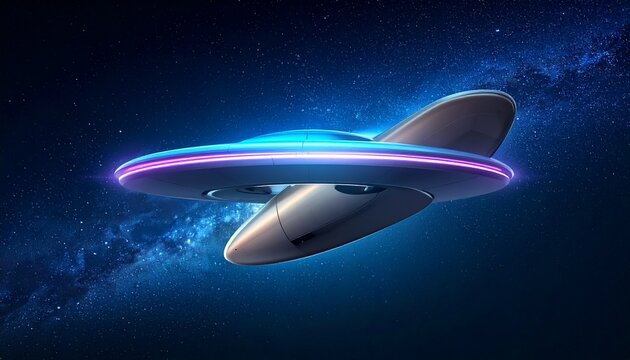 Futuristic UFO Flying Saucer Spacecraft in Galaxy.