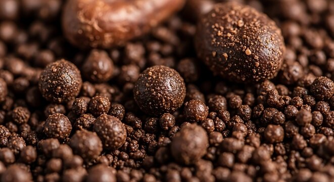Rich texture of cocoa nibs and small chocolate spheres creating an enticing and delicious food ingredient abstract composition perfect for confectionery advertising and culinary inspiration with