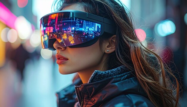 Futuristic woman immersed in virtual reality with advanced VR headset.