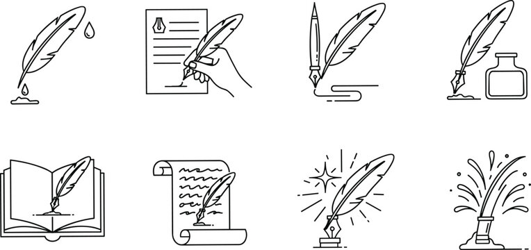 Feather quill writing icons set with ink pen manuscript book scroll creativity literature vector illustration minimal outline design collection