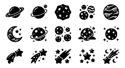 Minimalist outer space icon set, 15 black celestial vector elements, flat planet and star symbols, astronomy graphics for web design and apps © Asset Aura