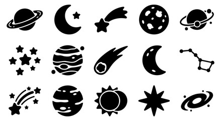 Minimalist space icon set, 15 black celestial vector elements, flat astronomy symbols including planets, moon phases, stars and galaxy silhouettes © Asset Aura
