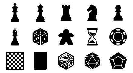 Board game icons set with 15 black vector elements, chess pieces and tabletop gaming symbols, gambling and hobby game night graphics © Asset Aura