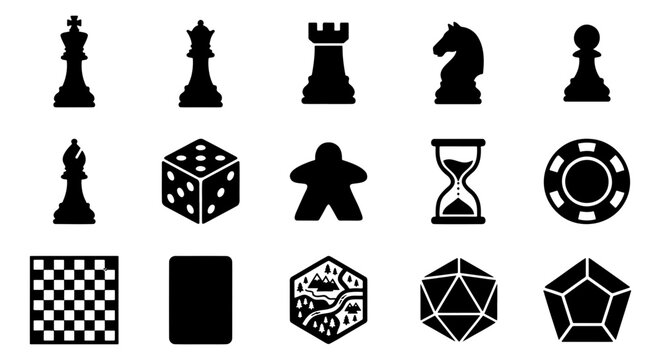 Board game icons set with 15 black vector elements, chess pieces and tabletop gaming symbols, gambling and hobby game night graphics