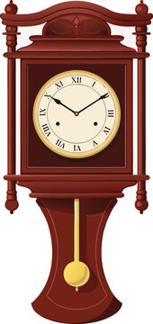 Antique wooden wall clock vector illustration with ornate carved frame roman numerals dial and golden pendulum classic vintage home decor design