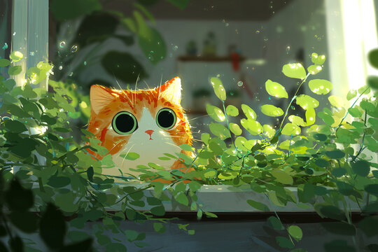 Adorable Ginger Cat with Big Eyes Peeking Through Green House Plants in Sunny Window