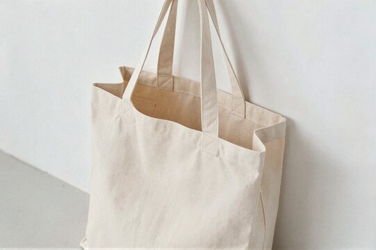 Close-up of a plain beige cotton tote bag hanging against a white wall showing the texture and handle details of the fabric.