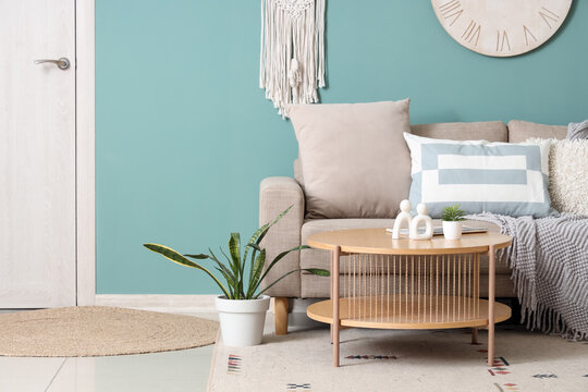 Comfortable sofa, table and houseplant near mint wall in interior of living room