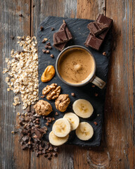 Fototapeta premium Coffee cup with banana oats walnuts and dark chocolate