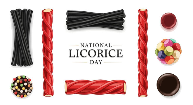 Overhead shot for National Licorice Day featuring bundles of black licorice candy sticks, red licorice twists, and assorted colorful hard candies arranged on a clean white background