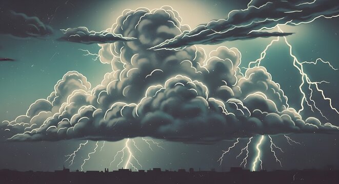 Vintage airbrush style thunderstorm illustration, retro clouds and lightning background.