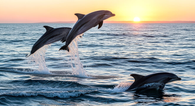 Dolphins leaping gracefully at sunset over the ocean