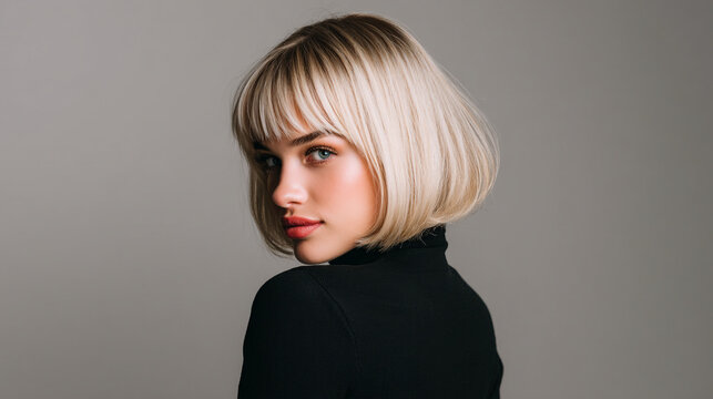 A stylish blonde woman with bob haircut and bangs looking back.