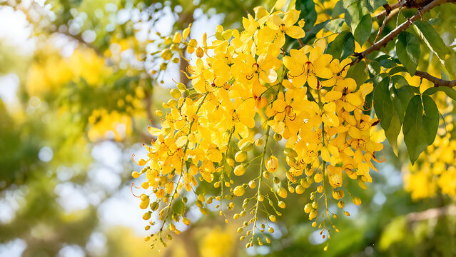 Golden shower tree flowers or kanikkonna blossoms hanging from branches for vishu kani decoration during malayalam new year and traditional seasonal natural beautiful hindu festivals