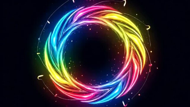 Rainbow Neon Light Circle Animation Loop.