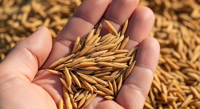Golden Harvest: Close-up of Freshly Threshed Paddy Rice Grains Held in a Farmer's Hand, Symbolizing Abundance and Agriculture
