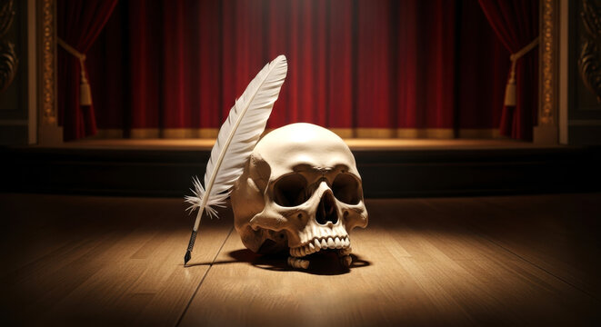 Solemn skull adorned with a white feather in a dimly lit chamber