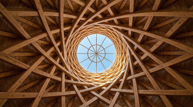 Architectural Wonder: A mesmerizing display of intricate wooden beams converge towards a central oculus, offering a glimpse of the sky and capturing a harmonious blend of engineering and design.