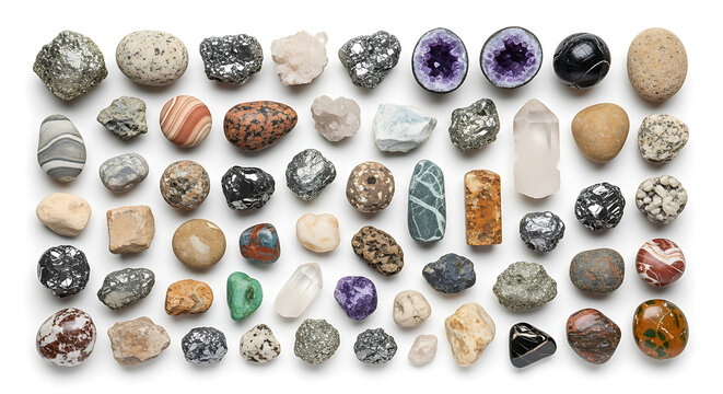 Collection of various colorful rocks and minerals isolated on white background