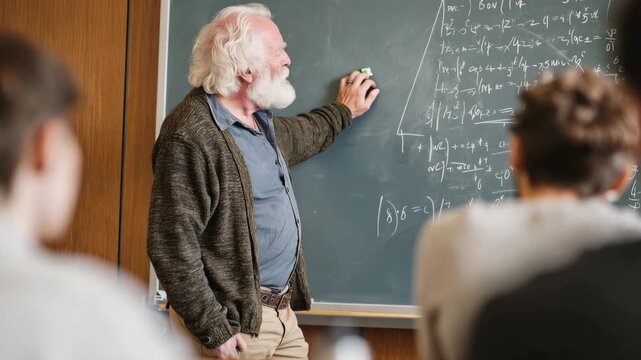Elderly man expertly teaches trigonometry in a university classroom, engaging students with his clear explanations and mathematical insights