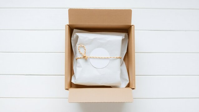 Open cardboard box with white tissue paper and twine on white wooden background