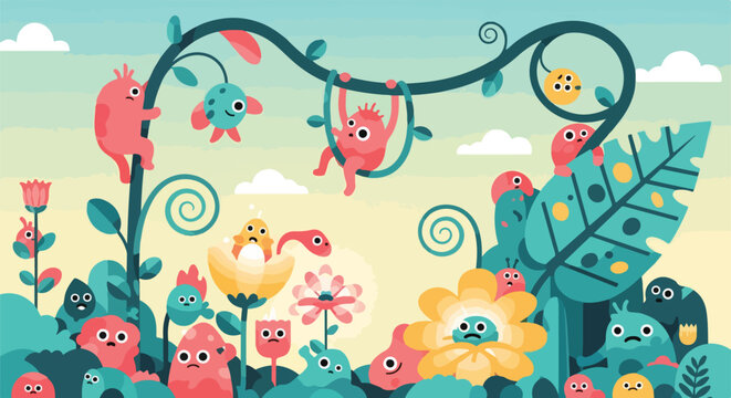 Cartoon Monsters Playing in Floral Scene.