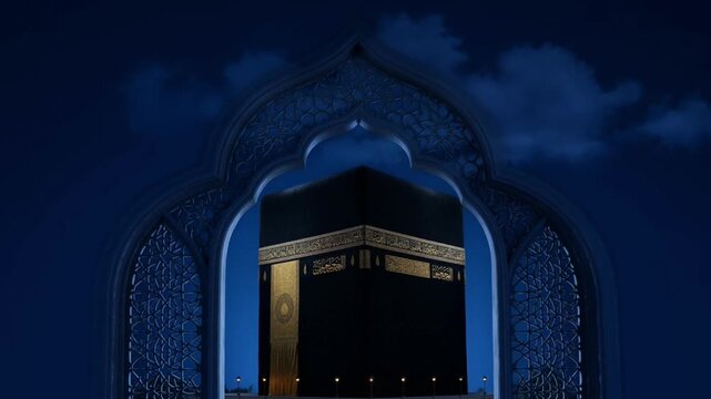 Holy Kaaba in the arabic window with moving clouds. Realistic style, night dark blue background. Design for islamic celebration Hajj or Eid al-Adha with copy space. 4K video animation.