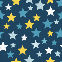 Obraz premium Repeated five-pointed stars on dark blue background, different sizes and colors