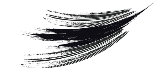 Tire track. Car, bike, motorcycle tyre mark with grunge effect isolated on white background. Wheel footprint on the road. Top view of rubber protector mark © fathor