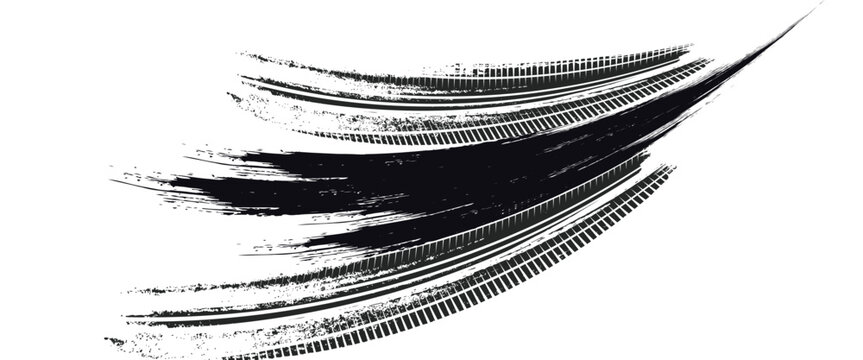 Tire track. Car, bike, motorcycle tyre mark with grunge effect isolated on white background. Wheel footprint on the road. Top view of rubber protector mark