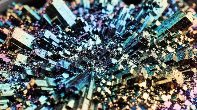 Macro time-lapse of iridescent bismuth crystals forming symbolizing rapid innovation