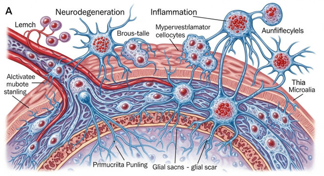 Medical illustration of neurodegeneration and glial scar formation showing cellular inflammation in brain tissue