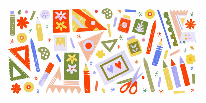 Colorful assortment of school and art supplies scattered on a white background